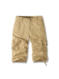 Men's casual khaki cargo shorts, multi-pocket outdoor knee-length pants for daily wear.