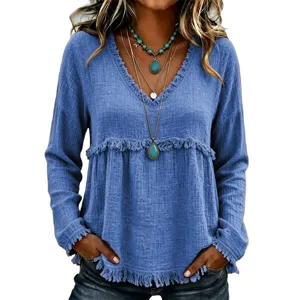 Women solid color casual long sleeve V-neck blouse with chic fringe trim details and pockets.