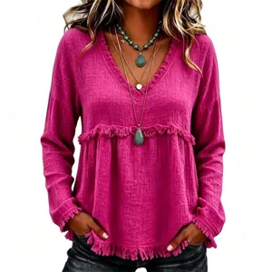 Womens Casual V-Neck Long Sleeve Blouse Solid Color Raw Edge Loose Fall Tunic Top