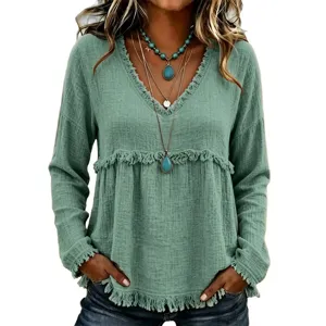 Loose V-neck fringe long sleeve top for women, solid color casual autumn blouse style.