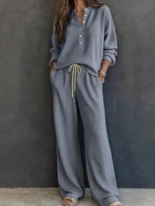 Completo donna in maglia waffle due pezzi top manica lunga e pantaloni con coulisse