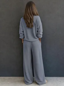 Completo loungewear in maglia waffle donna due pezzi top manica lunga pantalone largo