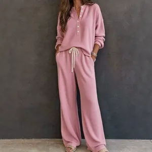 Completo donna maglia waffle top manica lunga scollo V pantalone largo principale