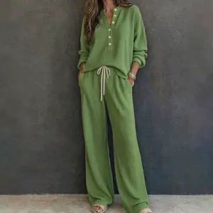 Set Di Due Pezzi Casual Maglia Waffle Donna Top Manica Lunga E Pantaloni Coulisse