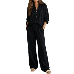Completo due pezzi waffle donna maglia manica lunga bottoni pantaloni casual chic