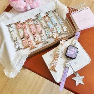 Leather Watch Band Compatible With Apple Watch Metal Floral Rhinestone Strap For Women Fashion Accessory