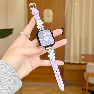Metal flower leather strap compatible with Apple Watch, stylish purple band design.