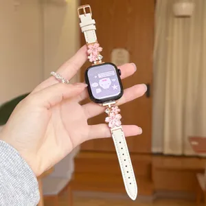 Metal flower leather watch band compatible with Apple Watch Series, stylish floral strap.