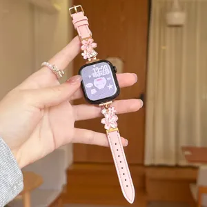 Metal flower leather watch strap replacement compatible with Apple Watch Series S10 S11