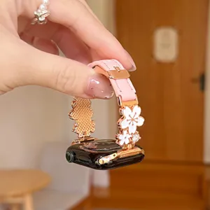 Metal flower pink leather strap for Apple Watch compatible replacement band decorative charm accessory