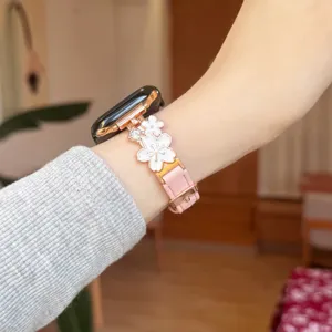 Metal flower spliced pink leather replacement watch strap compatible with apple watch.