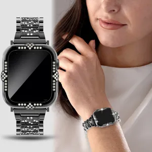 Galvanisiertes schwarzes Strass Apple Watch Case und Armband Set, Luxus Bling Uhrengehäuse