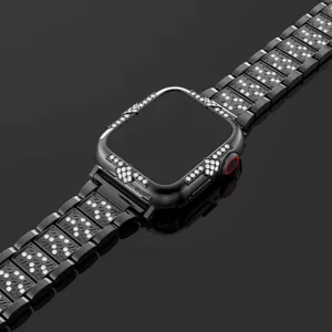 Schwarze Metall Strass Uhrgehäuse und Armband Set kompatibel mit Apple Watch im Luxusstil