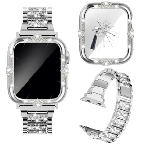 Luxus Strass Galvanisiert Metall Gehäuse und Armband mit Glasschutz für Apple Watch