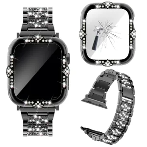 Diamant Metall Gehaeuse und Armband Set fuer Apple Watch, schwarze Strass Uhrenarmband.