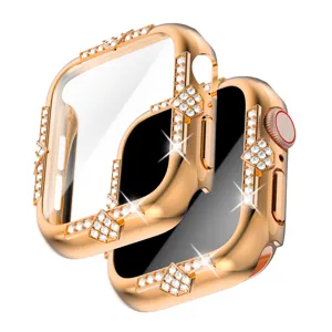 Roségold Strass Apple Watch Hülle mit integriertem Glas Displayschutz für kompatible Serien.