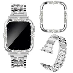 Glitzernde Strass Metall Schutzhülle und Armband Set für Smartwatch, elegantes Accessoire.