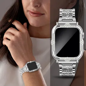 Silbernes Strass Apple Watch Gehäuse und Armband Set, glänzende Schutzhülle Design