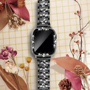 Glänzende Metall Schutzhülle und Armband mit Strass für Smartwatch Detailansicht Anzeige