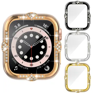 Glänzendes Strass Apple Watch Case mit Schutzglas, kompatibel mit iWatch, luxuriöser Bumper.