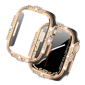 Roségold glitzernde Strass Apple Watch Hülle mit Glas Displayschutz Luxus Schutzhülle