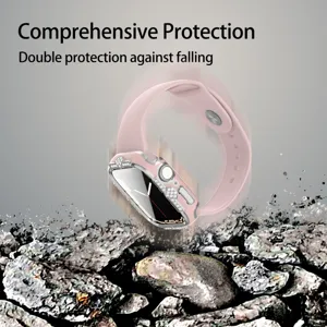 Rosa Strass Uhrengehäuse kompatibel mit Apple Watch, galvanisierte Hülle mit Displayschutz.