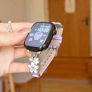 Metal flower leather watch strap compatible with Apple Watch series ultra 10 9 8 SE