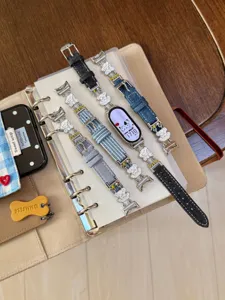 Denim Leder Uhrenarmband Ersatzband mit süßen Hundemotive für Smartwatch Fitnessarmband.