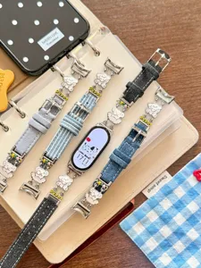 Denim Leder Smartwatch Armband mit süßen Hundehängern kompatibel für verschiedene Fitnessarmbänder