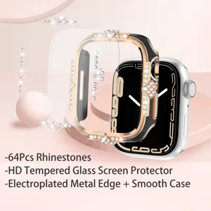 Detailansicht des Strass-Metall-Uhrengehäuses mit gehärtetem Glasschutz für Smartwatch.