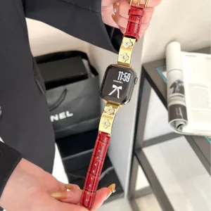 Kleeblatt Lederarmband für Apple Watch S10 S11 9 8 SE, Bambus-Textur Metall Ersatzband.