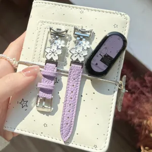 Metal Flower Purple Leather Smart Watch Strap Elegant Replacement Band Accessory For Women