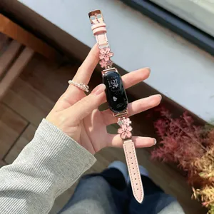 Pink leather metal flower watch strap compatible with Apple Watch luxury floral band replacement