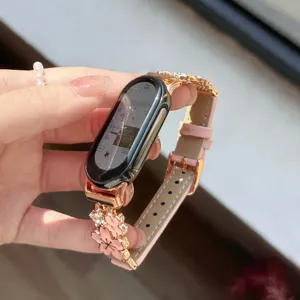 Metal flower leather watch strap replacement, stylish rose gold charms design for smart bands.
