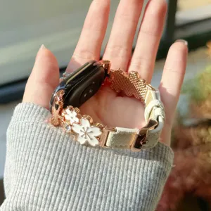 Metal flower spliced leather watch strap replacement compatible with smart watch styles.