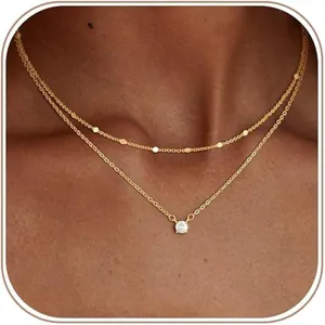 Collana a Doppio Strato in Rame Placcato Oro 14K con Zirconia per Donna Gioiello Girocollo a Catena a Graffetta Semplice e di Lusso