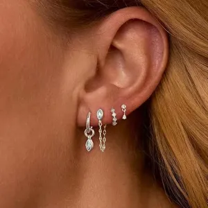 Silver multi piercing hoop chain stud earring set minimalist zirconia jewelry for women daily wear
