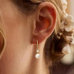 Elegant French style pearl drop earrings with sparkling crystal, chic daily jewelry for women.