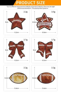 Pailletten Stickerei Aufnäher Größentabelle mit Sternen, Schleifen und Football Motiven.
