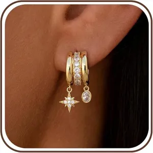 Ensemble de Boucles d'Oreilles Pendentif Zircon Hexagramme Or Tige Argent Sterling 925 Laiton Strass Bijoux de Mode pour Femmes