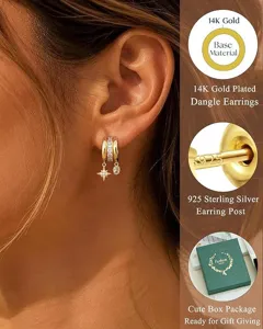 boucles d'oreilles créoles multicouches plaquées or 14k avec zircone étoile et tige argent.