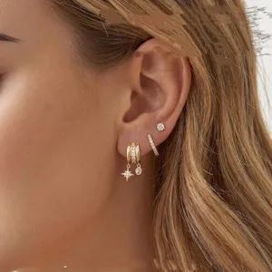 14K Plaqué Or Zircon Étoile Boucle D'Oreille Ensemble Créoles Multicouches Femme Chic