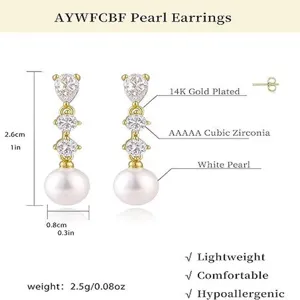 Orecchini Pendenti Perla Bianca Zircone Placcato Oro 14K Elegante Donna Gioiello