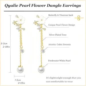 Orecchini lunghi pendenti con perle e fiori, zirconi cubici scintillanti e perle d'acqua dolce.