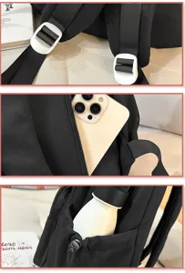Vista dettagliata dello zaino casual nero, grande borsa in nylon per ragazze e studenti.