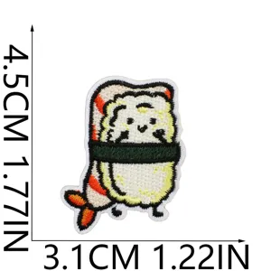 Cute sushi shrimp embroidered patch detail view, perfect for clothing decoration and DIY crafts.