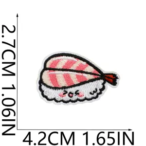 Cute ebi sushi embroidered patch detail view, perfect for clothing decoration and DIY crafts.