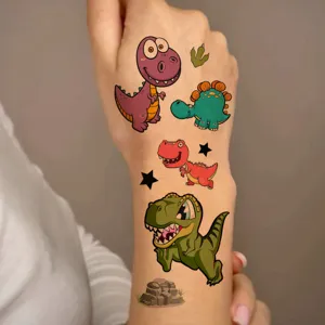 Colorful dinosaur temporary tattoo stickers for kids and adults, cute hand wrist art decor.
