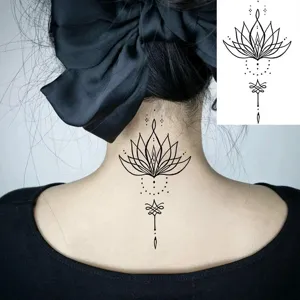 Black lotus temporary tattoo sticker for neck and back, waterproof geometric body art design.