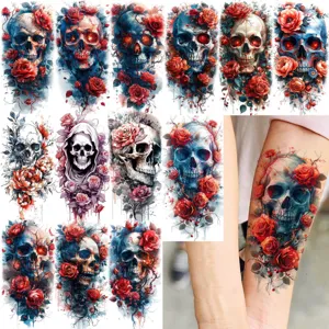 Waterproof Temporary Tattoo Sticker Halloween Skull Floral Rose Body Art Arm Leg Fake Tattoo For Party Women Men